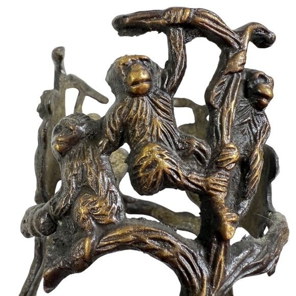 Bronze Monkeys In Tree With Crackle Glass Candle Holder Exotic Wildlife Decor - Picture 9 of 11